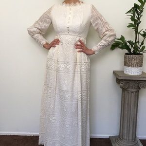 Vintage Emma Domb of California 1960s 70s Lace Prairie Wedding Dress